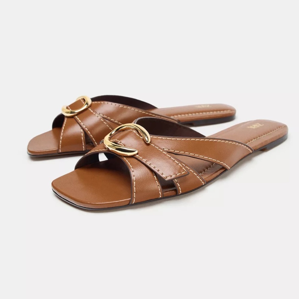 Zara cognac brown leather flat sandals with gold buckle